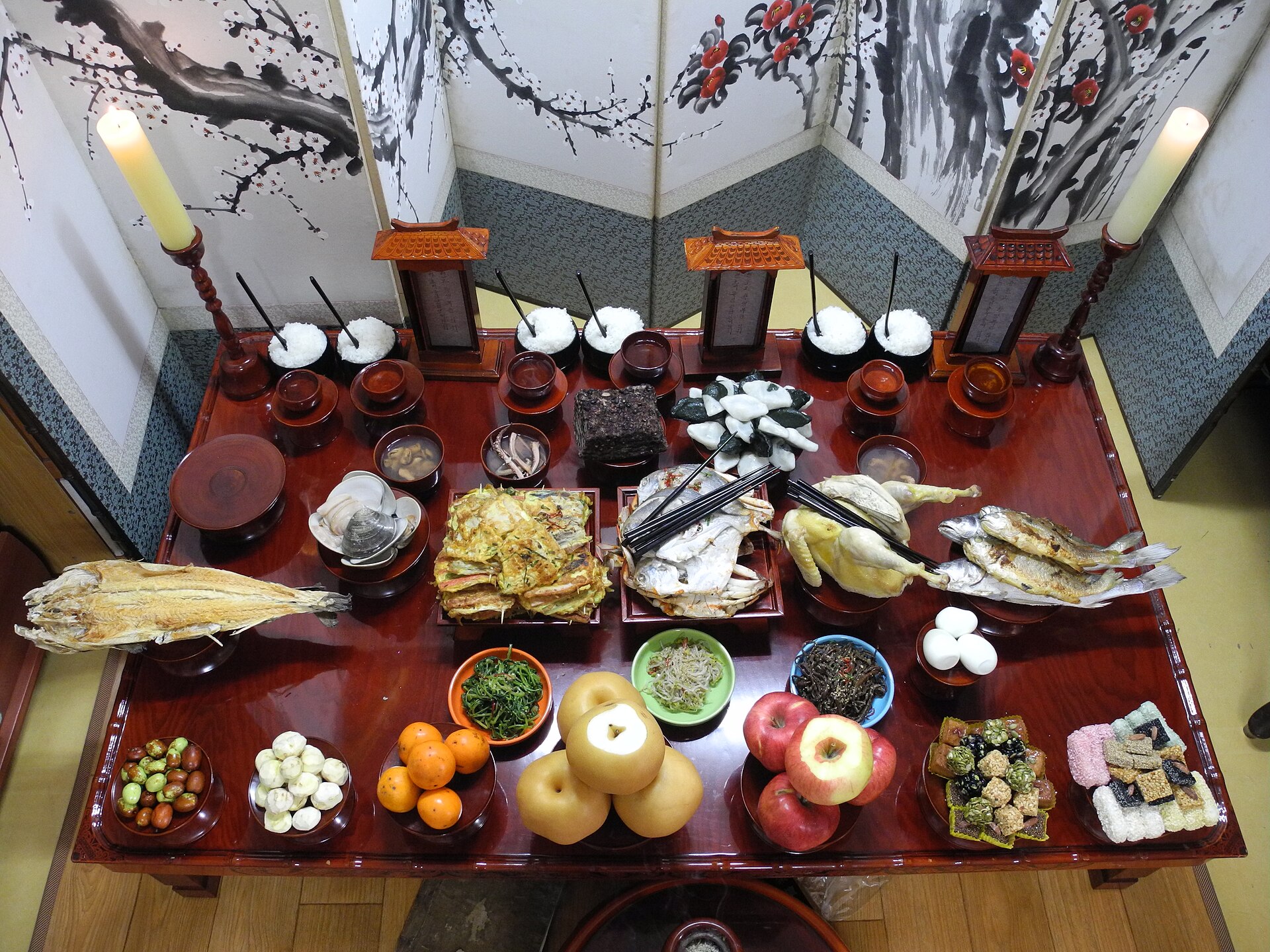 A Chuseok holiday table set with traditional Korean dishes