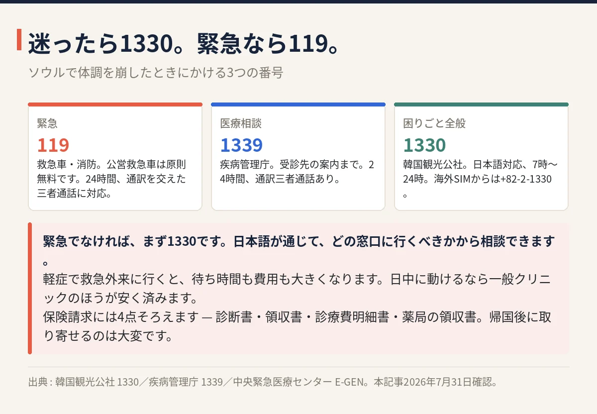 韓国の緊急連絡先119・1339・1330の役割と対応言語・時間をまとめた図