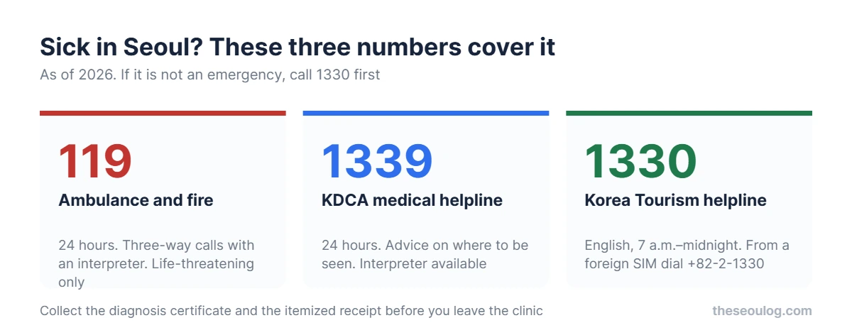 Three phone numbers for travelers in Seoul: 119 for ambulance and fire 24 hours, 1339 KDCA medical helpline 24 hours, 1330 Korea Tourism helpline in English 7am to midnight