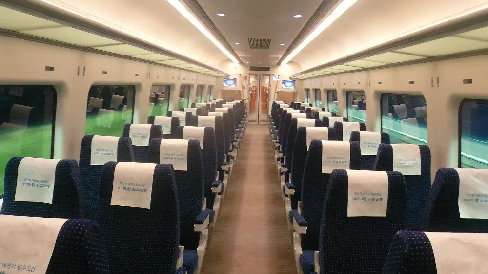 Seats inside an AREX airport railroad train