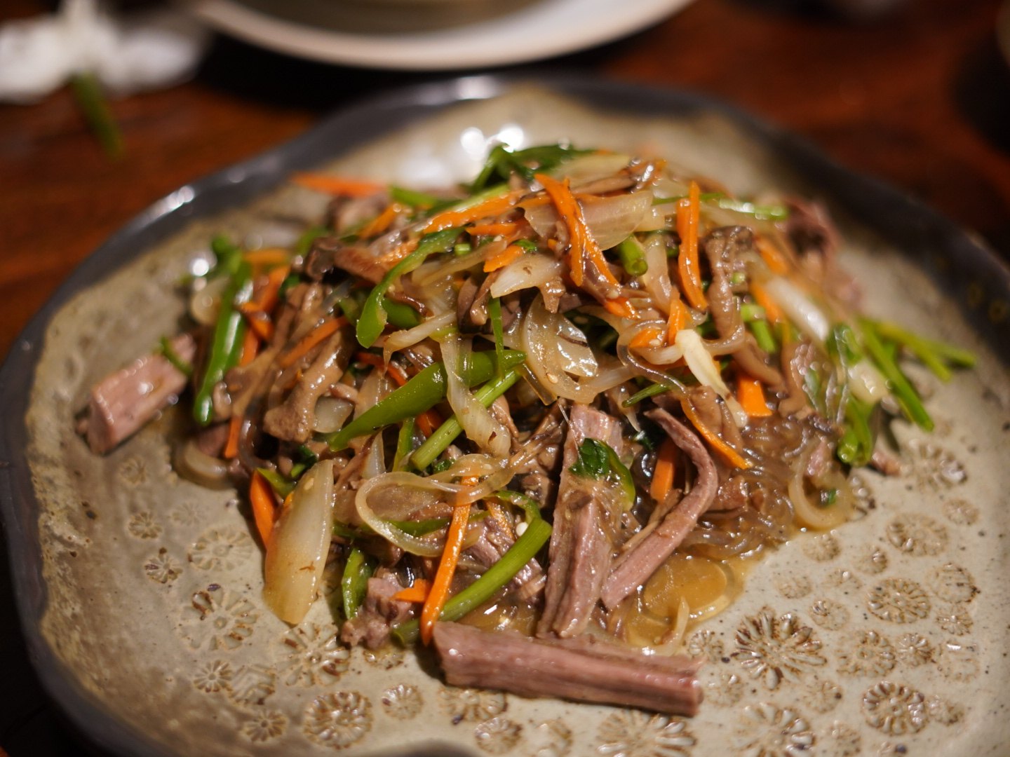 Japchae made with thickly cut vegetables and meat
