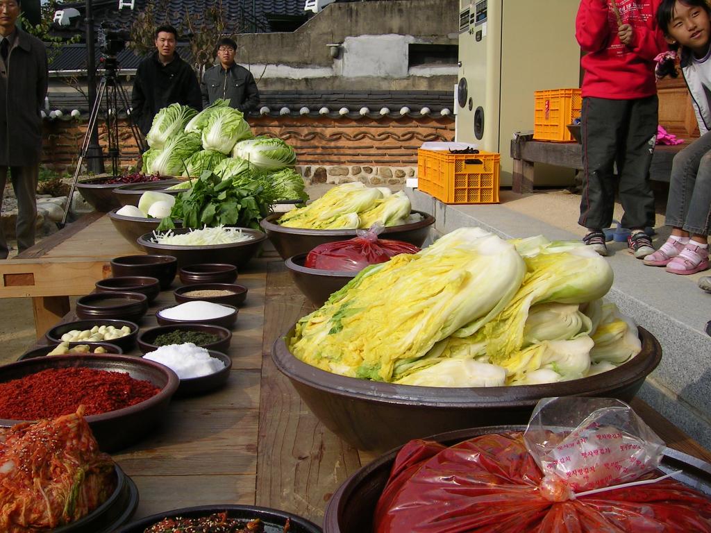 Cabbage and seasoning ingredients laid out for kimjang