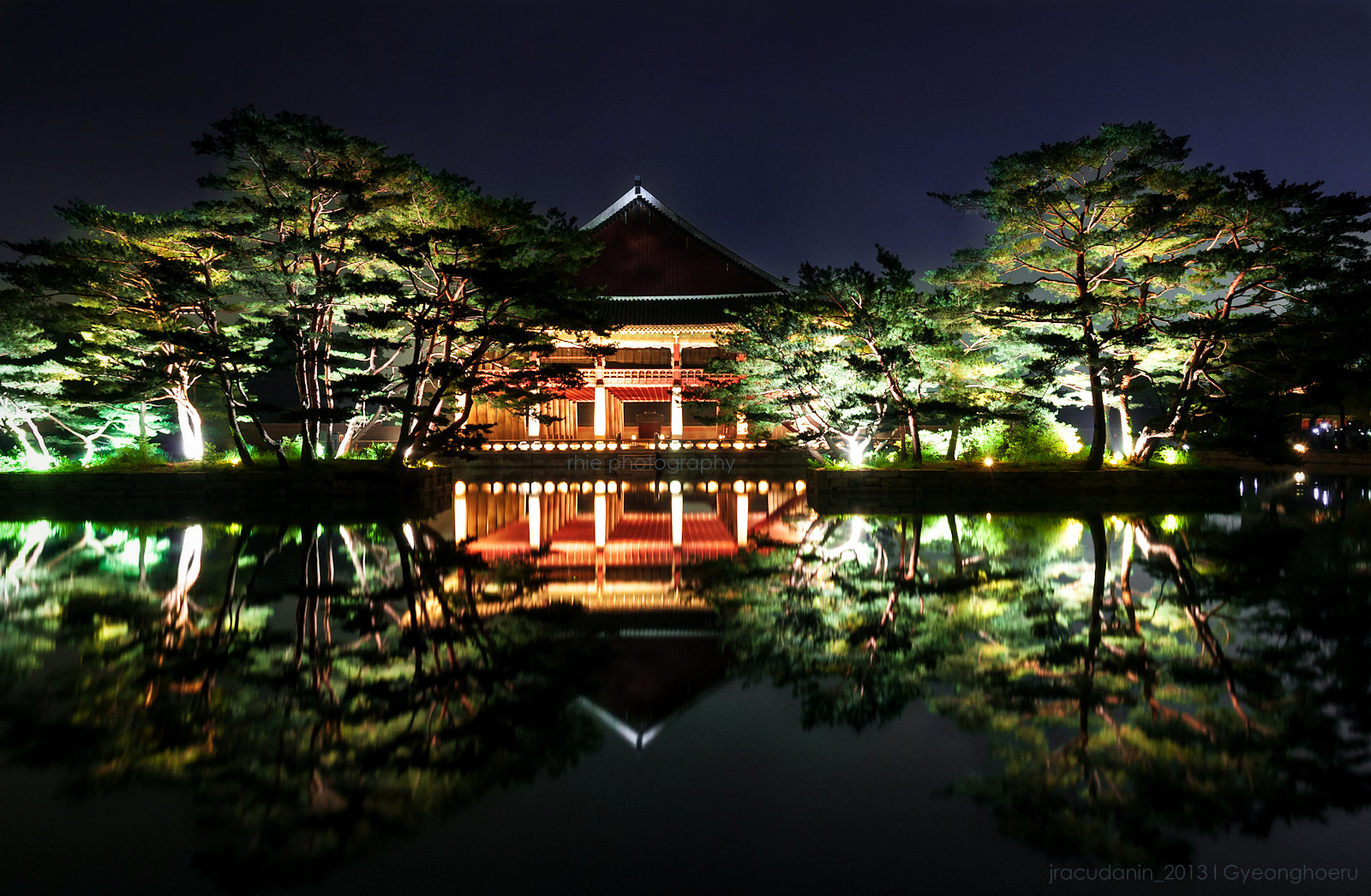 A night pavilion reflected in a Gyeongbokgung pond
