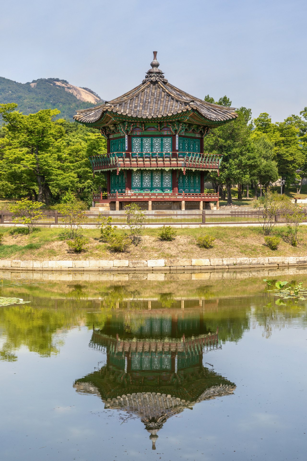 Water reflection of Hyangwonjeong Pavilion at Gyeongbokgung Palace in Seoul