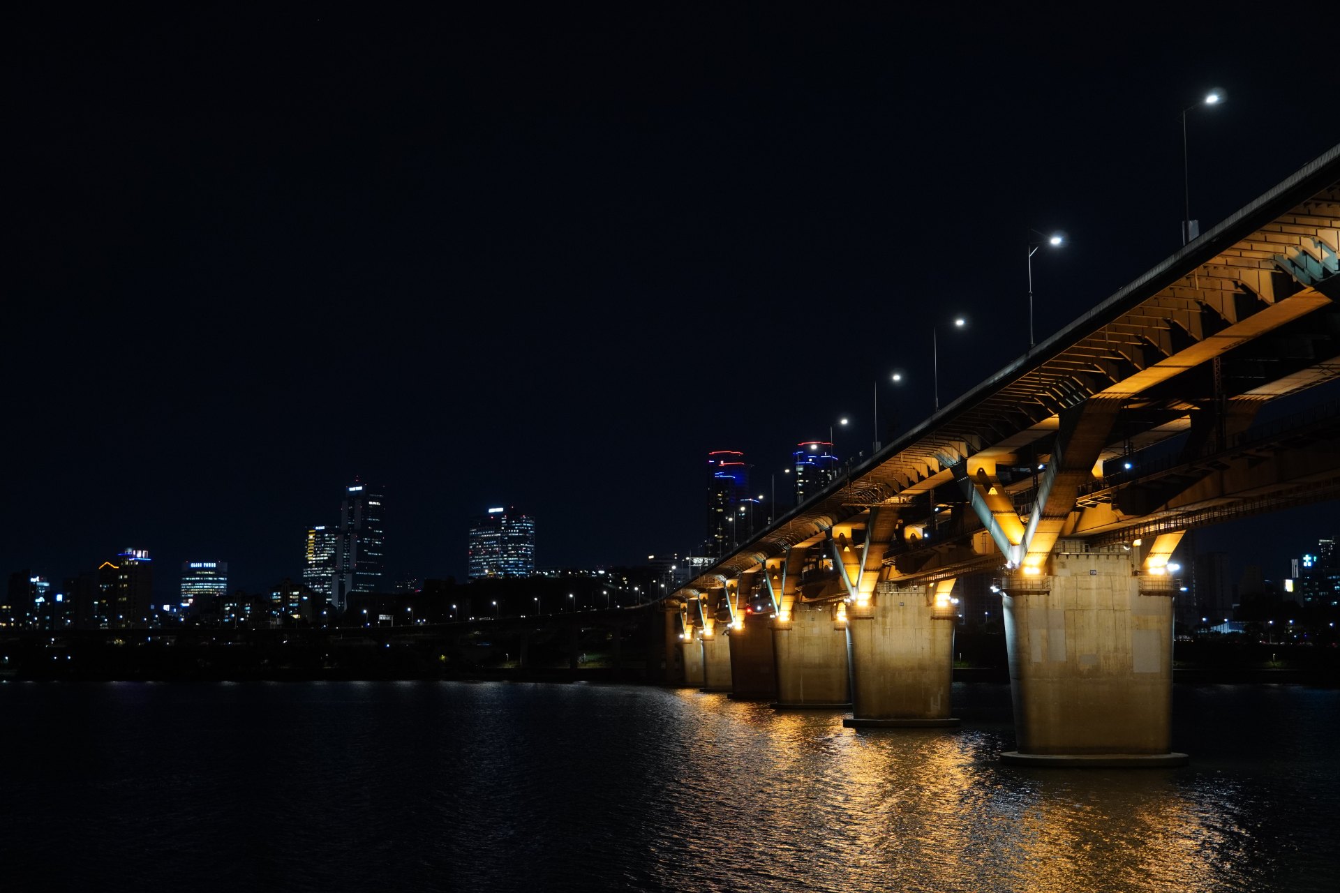 Ttukseom Hangang Park and bridge at night